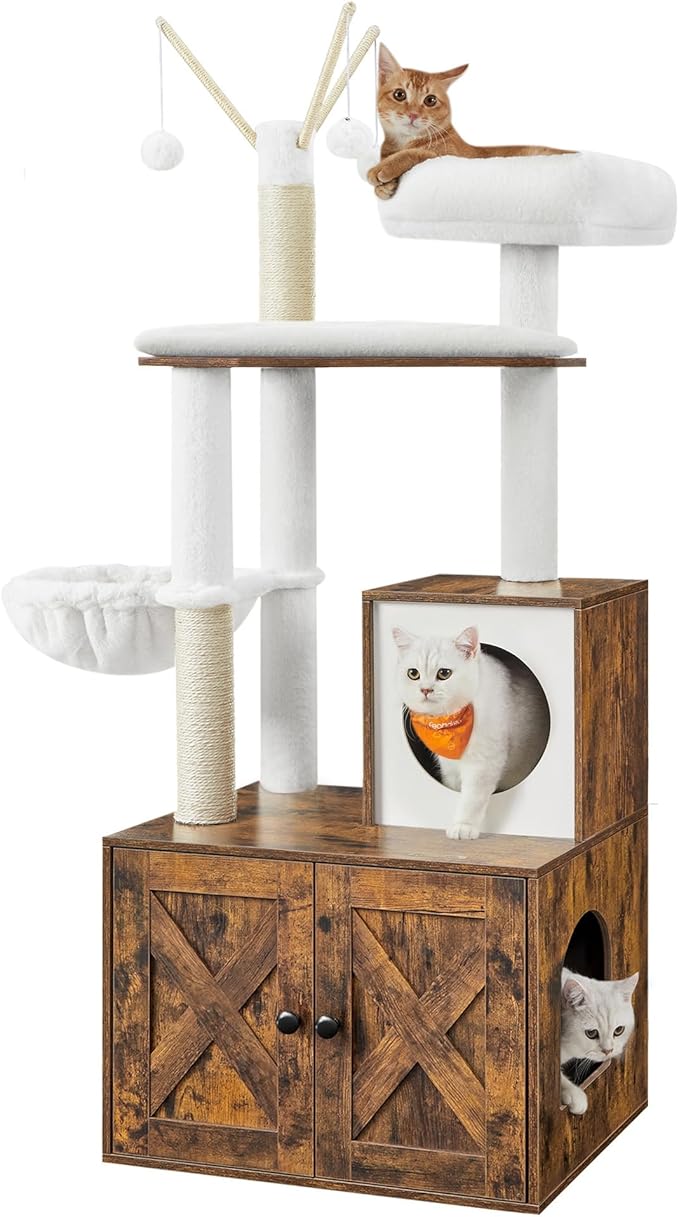 Feandrea Cat Tree with Litter Box Enclosure, 59-Inch Modern Cat Tower | 2-In-1 Condo with Scratching Posts, Washable Removable Cushion, Rustic Brown UPCT113X01