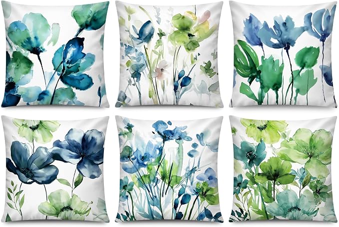 COMMINY Green Floral Throw Pillow Covers 16x16 Set 6 Farmhouse Summer Decor | Decorative Flower Bloom, Watercolor Cushion Cover, Breathable Linen, Accent Pillow, Chair, Small Sofa, Spring Home Decor