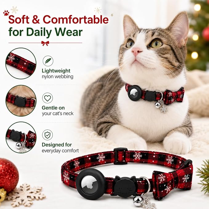 Cat Collar Breakaway 2packs, Reflective Kitten Collar with Apple Air Tag Holder and Bell for Girl Boy Cats, 0.4 Inches in Width and Lightweight (Red and Green)