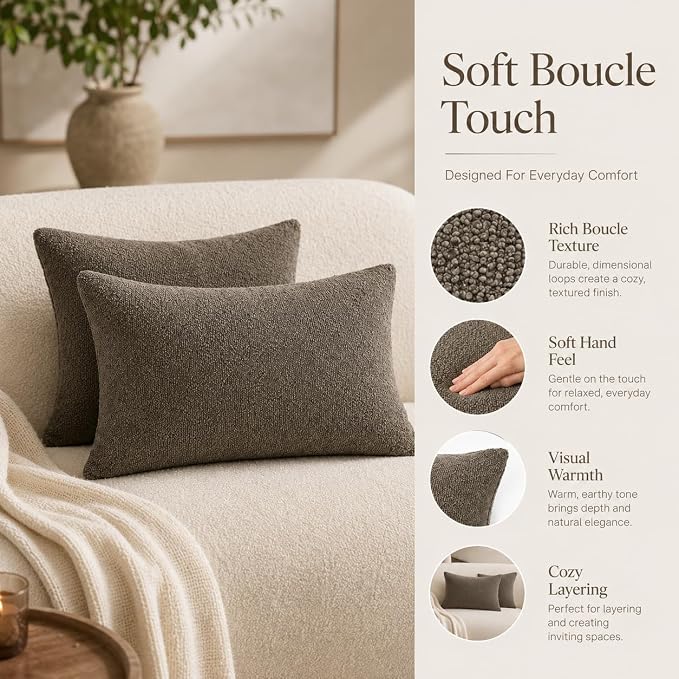 JoraLion 12x20 inch Boucle Throw Pillow Covers, Brown Woven Texture Neutral Pillow Cover Breathable Cushion Case for Couch Sofa Bed Living Room Home Decor, Pack of 2, No Insert