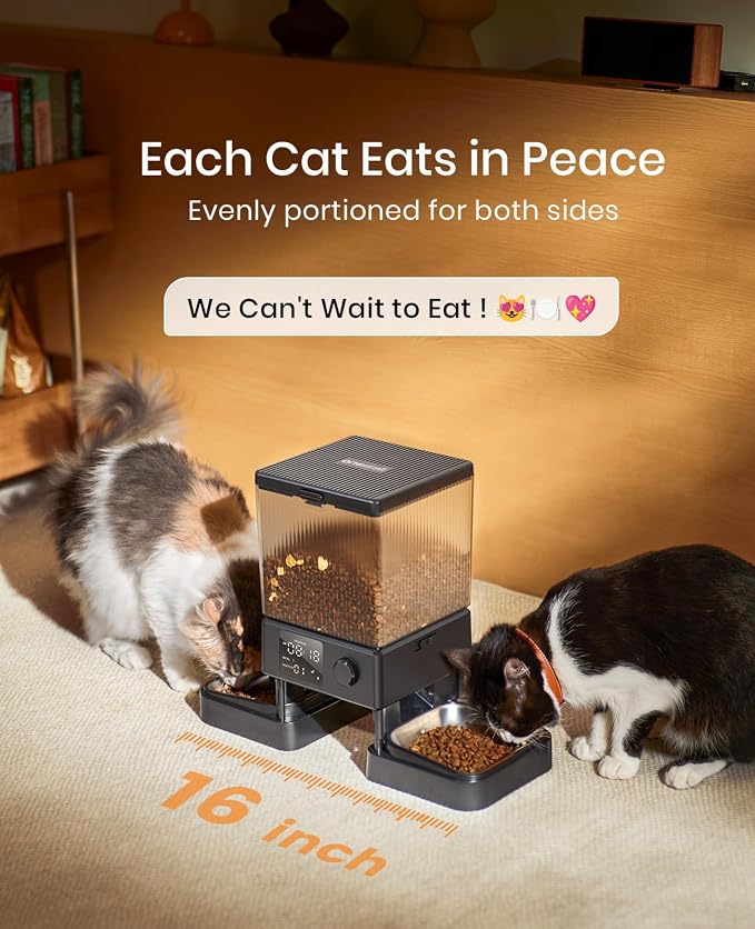oneisall Automatic Cat Feeder for 2 Cats Pets, Timed Cat Food Dispenser | 20 Cups/5L, Prevent Fighting, Precise Portion, Balanced Dispense, Non-Slip & Stable, Voice Recorder, Stainless Steel Bowls