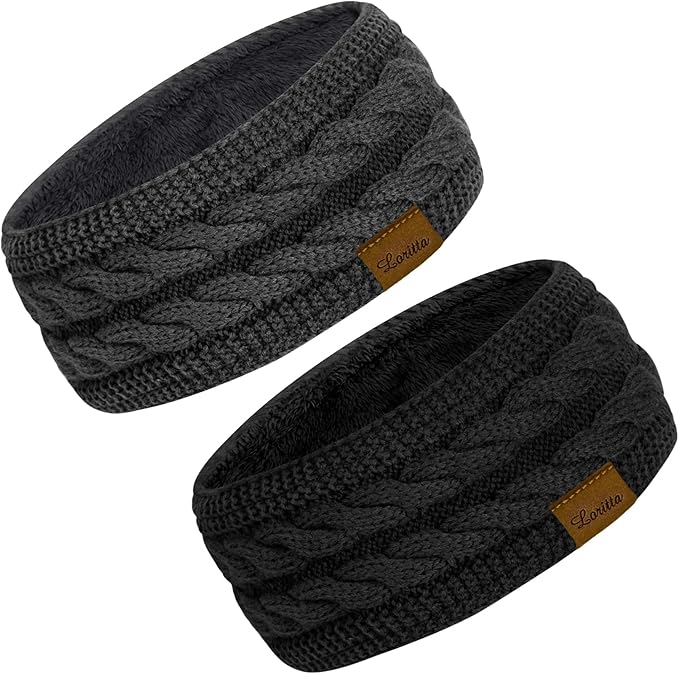 Loritta 2 Pack Headbands for Women Winter Warm Cable Knit Ear Warmer Thick Head Wrap Fuzzy Fleece Lined Gifts