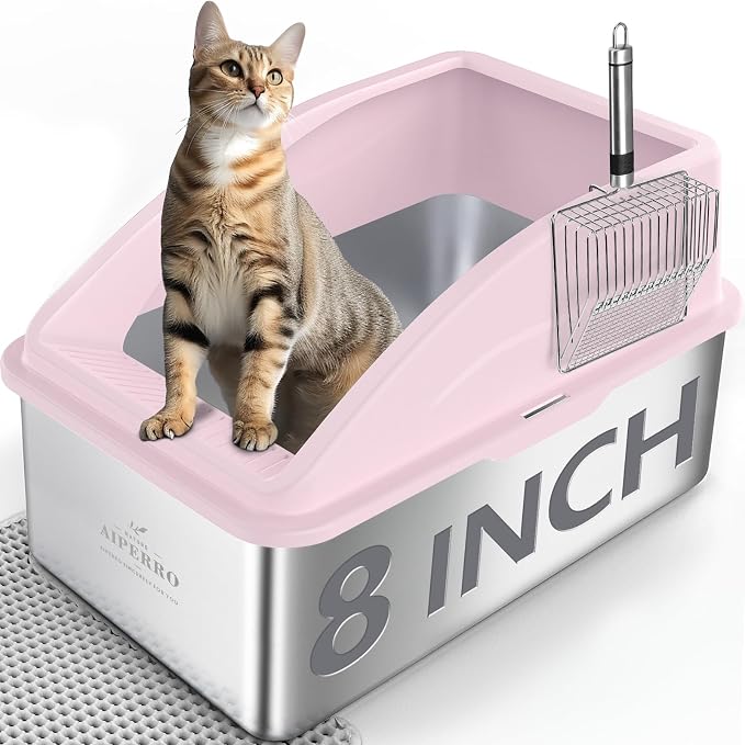 AIPERRO Stainless Steel Litter Box | XXL Deepened 8" Design Metal Cat Box | High Sided with Lid for Big Cats | Anti-Urine Leakage | Non-Stick Bottom & Easy to Clean | Includes Litter Mat & Metal Scoop