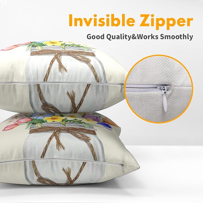 Kawani Spring Floral Throw Pillow Covers 20x20 Inch, 2 Pcs Watercolor Tulip Lavender Flower Mason Jar Double Side Square Pillowcases Cotton Linen Cushion Cover for Couch Sofa Home Decor