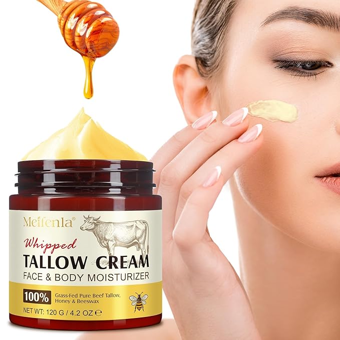 Beef Tallow for Skin, Natural Tallow and Honey Balm, Organic Grass Fed Whipped Beef Tallow for Face Moisturizer, Deeply Moisturizing Body Butter for Dry & Sensitive Skin, All Skin Types 4.2 Oz