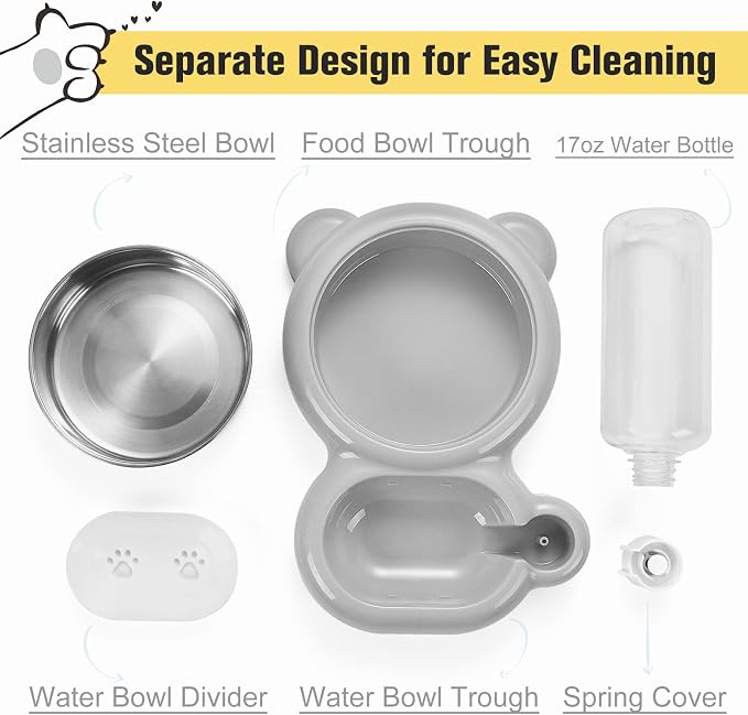 Dog Bowls, Cat Food and Water Bowl Set with Water Dispenser and Stainless Steel Bowl for Cats and Small Dogs - Grey