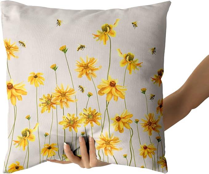 Spring Summer Throw Pillow Covers 20X20 Inches Set of 2 Yellow Flowers Coreopsis Bee Decorative Pillow Cases Bees Floral Pillow Cover Farmhouse Home Decor for Outdoor Room Couch Patio Porch