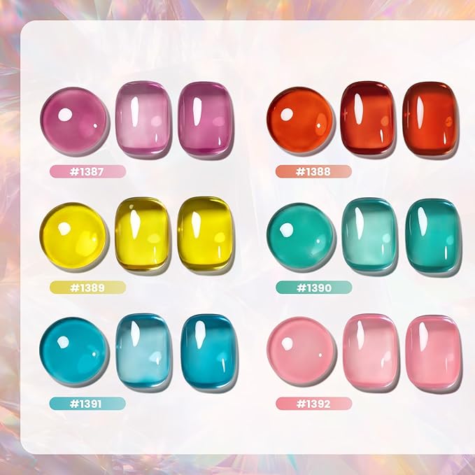 RARJSM Amber Jelly Gel Nail Polish Set 6pcs Clear Glazed Stained Glass Rose Pink Red Blue Green Yellow Series Crystal Transparent Sheer Gelpolish Curing Requires Soak off Home Salon Manicure