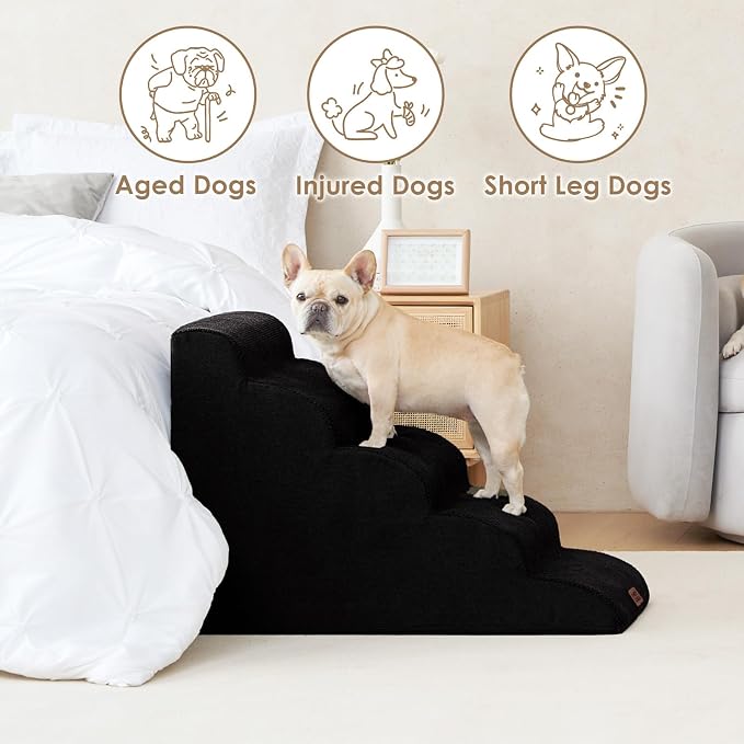 EHEYCIGA Curved Dog Stairs Ramp, 5-Step High Beds, 22.6" H Pet Step | 33D density of pure foam, for Small Dogs and Cats, Pet Stairs for High Bed Climbing, Non-Slip Balanced Indoor, Black