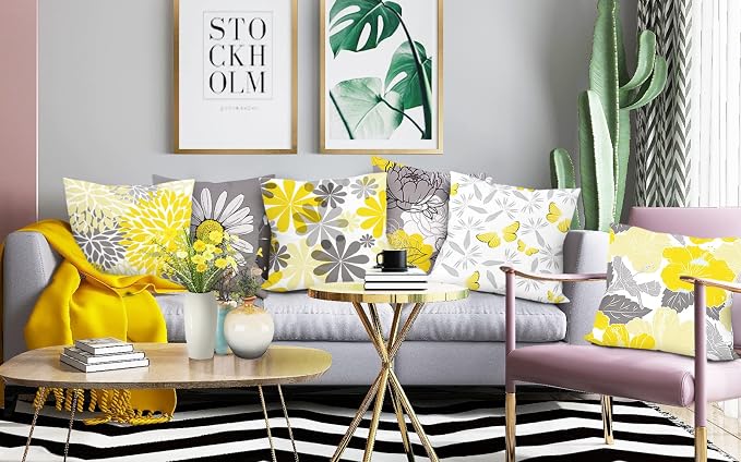 Yellow Throw Pillow Covers 20x20 Set of 6, Large Daisy Floral Home Decor | decorative daisy dahlia, Botanical floral, Large Throw Pillow Size, Breathable Linen, summer Decor Couch Sofa Living Room