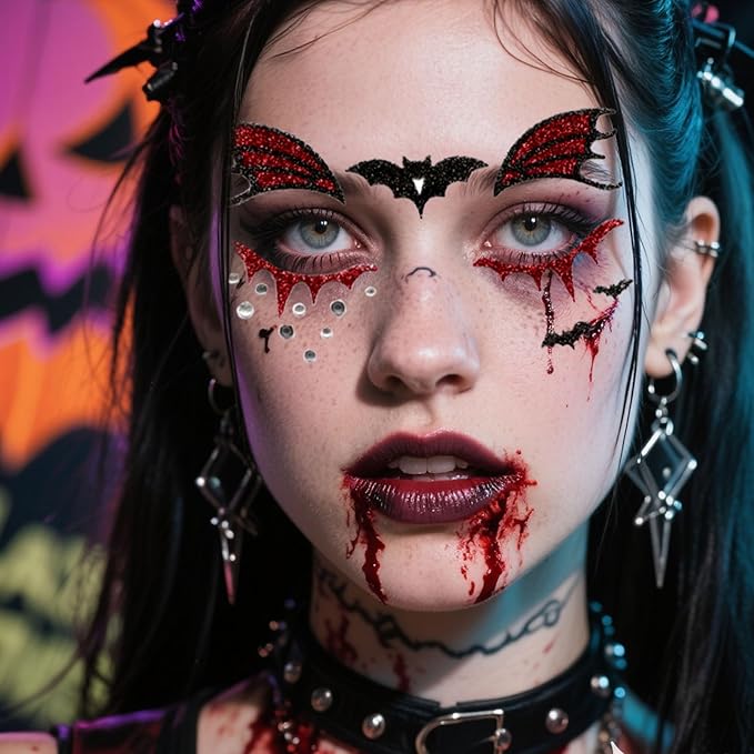 Halloween Bats Glitter Face Tattoo Stickers for Kids - Self-Adhesive Temporary Body Art Makeup for Halloween,Cosplay, Festival - Halloween Tattoo Face Sticker - 2Pcs (Bats)