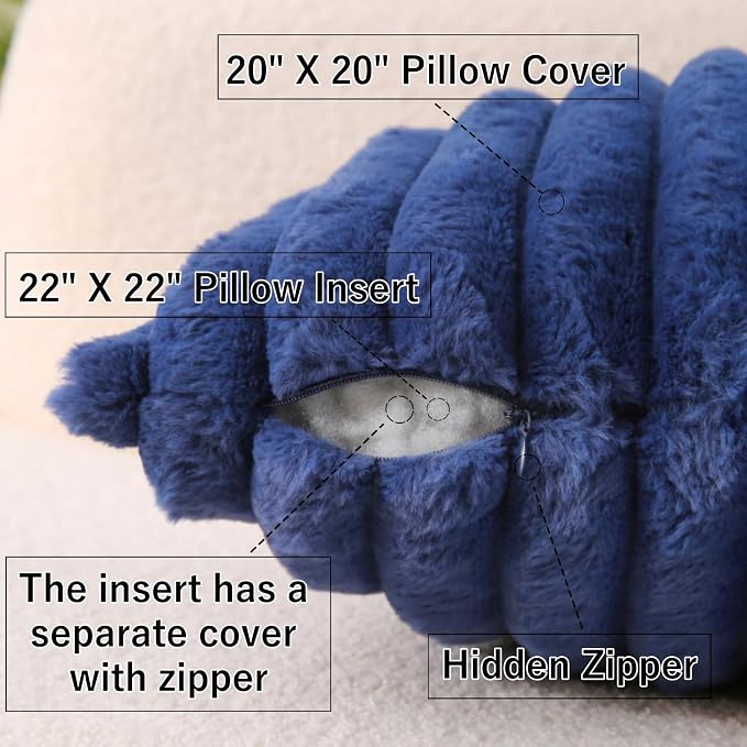 Decorative Throw Pillow with Inserts, Set of 2 Soft Faux Fur Throw Pillows, Square Boho Striped Pillow for Couch, Bed, Sofa Decor (Blue, 20" x 20"(Pack of 2))