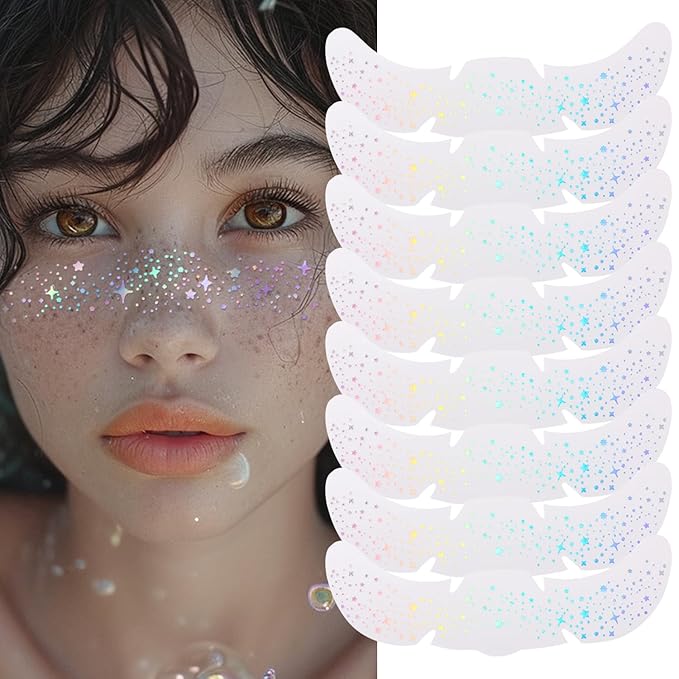 8pcs Glitter Freckles Face Tattoo for Body and Face, Face Glitter Patches for Women, Glow Up Makeup Patches Cosmetic Glitter for Festival Rave Prom (8PCSB holographic multicolor)
