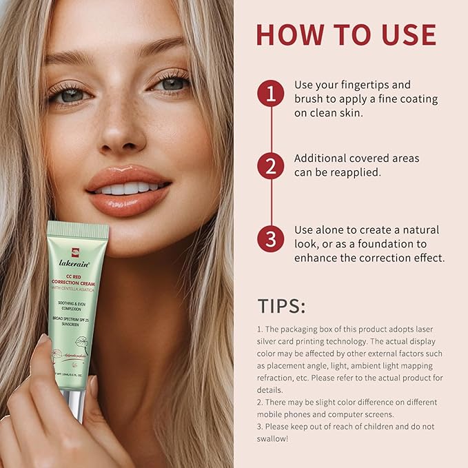 CC Cream Red Corrector with Centella,Redness Corrector for Face Blemishes,Red Skin,Acne Marks,Medium Coverage Color Correcting CC Cream,Lightweight and SPF Protection.(1pack)