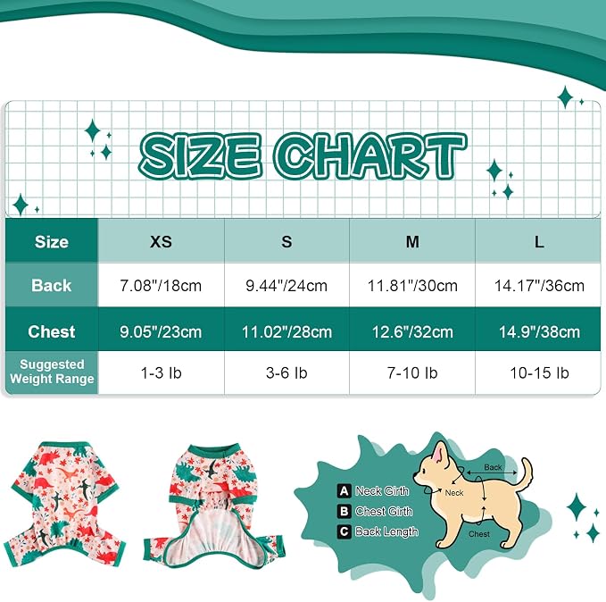 DaFuEn Dog Pajamas for Small Dogs, Soft Stretchy 4 Legs Puppy Jumpsuit, All Season Cozy Pet PJs for Chihuahua Yorkie Teacup Dogs, Cat Clothes (Green Dinosaur, S)