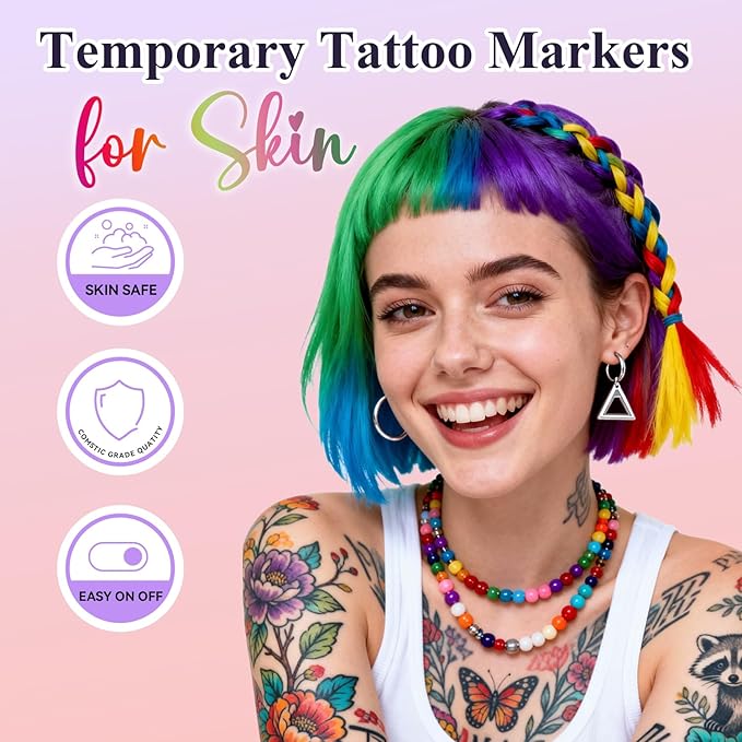 Temporary Tattoos Markers for Skin, 36 Body Markers+612 Large Tattoo Stencils, Temporary Tattoos for Kids and Adults, Dual-End Tattoo Pens, Bright colors, Flexible Brush Tip, Cosmetic-Grade, Skin-Safe