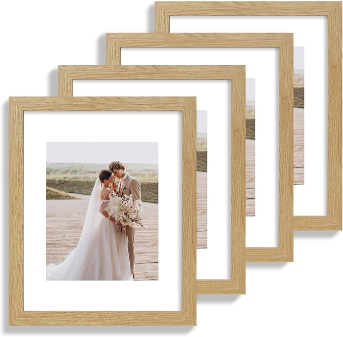 Hongkee 11x14 Picture Frame Set of 4, Made of Glass and Natural Oak Wooden Frame, Display 8x10 Pictures with Mat or 11 x 14 Posters without Mat for Wall Mounting, Gallery Photo Frames