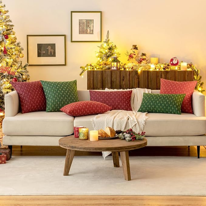 MIULEE Pack of 2 Christmas Decorative Burlap Linen Throw Pillow Covers Modern Farmhouse Pillowcase Rustic Woven Textured Cushion Cover for Sofa Couch Bed 18x18 Inch Wine Red