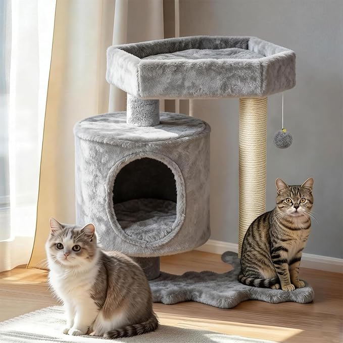 BEWISHOME Cat Tree with Scratching Post, Cat Tower for Indoor Cats | Cat Trees with Cat Bed for Adult Cat or kitten, Cat Condo and Cat Toy Balls Playful, Gray MMJ97G