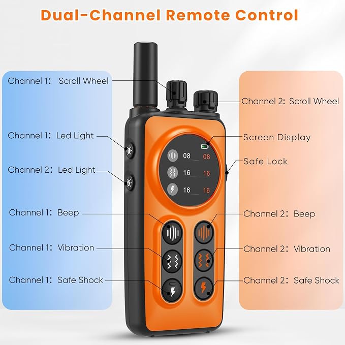 Dog Shock Collar 2 Dogs, 3300ft Dog Training Collar with Remote, Real-time Dual-Channel Remote with 3 Training Modes, Beep, Vibration, Safety Shock, Light, Fits 8-120 lbs All Breeds Sizes - Orange