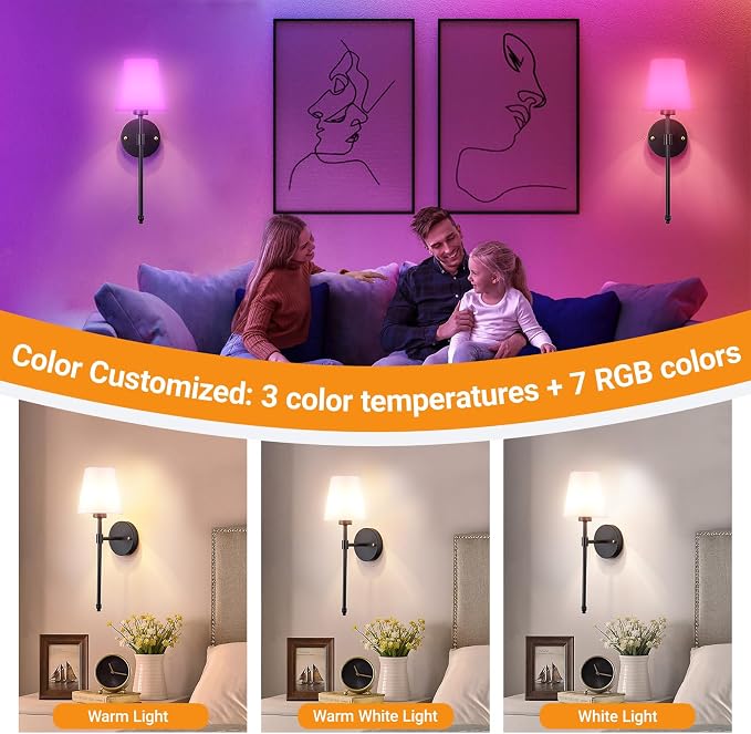 Nekhung Battery Operated Wall Sconce, Peel and Stick Sconces Set of 2 | Wireless Adhesive Stick On Wall Sconce, 10000mAh Rechargeable RGB Bulb with Remote, No Drill Wall Light for Bedroom Decor
