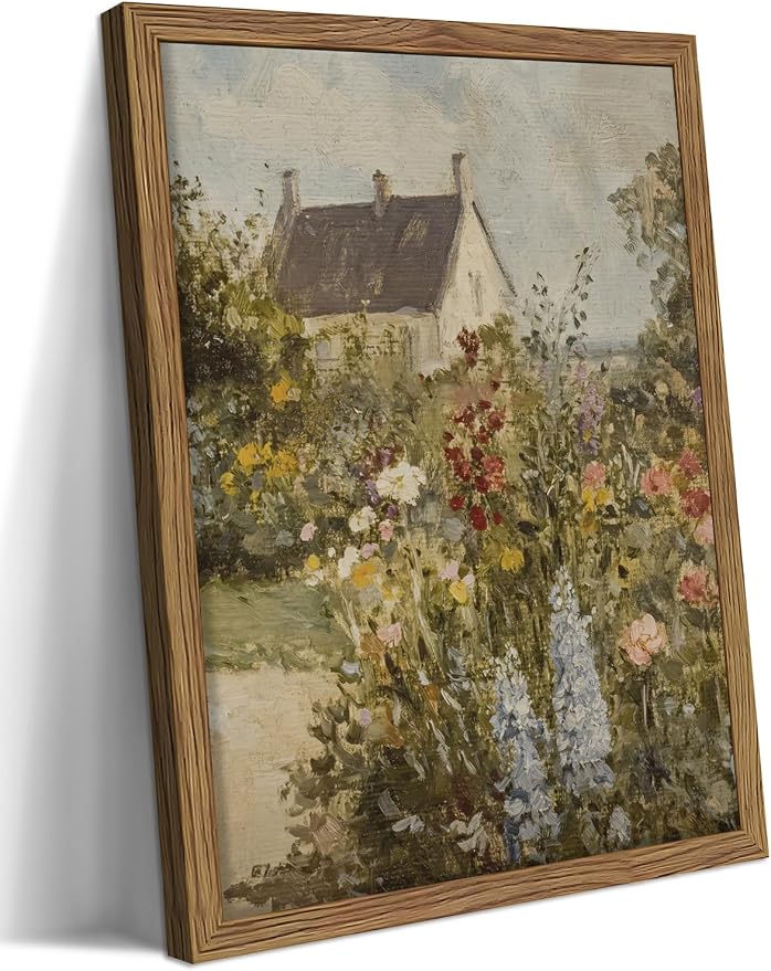 Vintage French Country Cottage Framed Canvas Wall Art – Impressionist Flower Garden Oil Painting Print, Rustic Floral Landscape Decor for Living Room Bedroom Nursery Office 12x16 inch