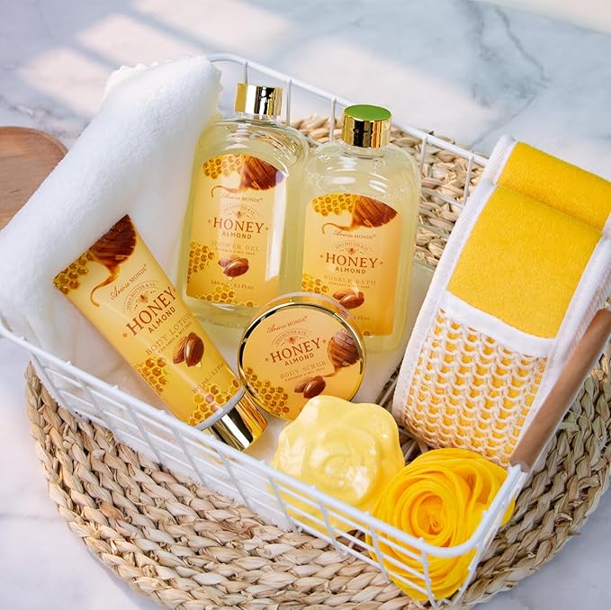 Mothers Day Birthday Spa Gifts for Women, 8pcs Honey Almond Bath Gift Set for Women, Relaxation Self Care Spa Kit W/Bath Bomb, Bubble Bath, Mom Sister Female Christmas Thank You Gifts