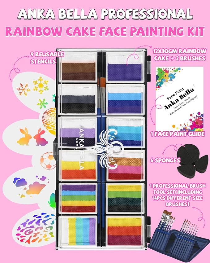 Anka Bella Professional Face Painting Kit for Kids,12X10gm Water Based Split Cake Face Paint with Stencil & Brushes,Hypoallergenic & Non-Toxic,Gift for Birthday Parties/Halloween/Carnival