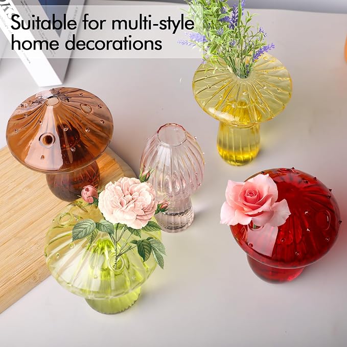 5 PCS Mushroom Shaped Glass Vase, Planters Clear Hydroponic Vase, Flowers Plants for Decorative Centerpiece,Table Decor,Home Wedding Party (5 Color)