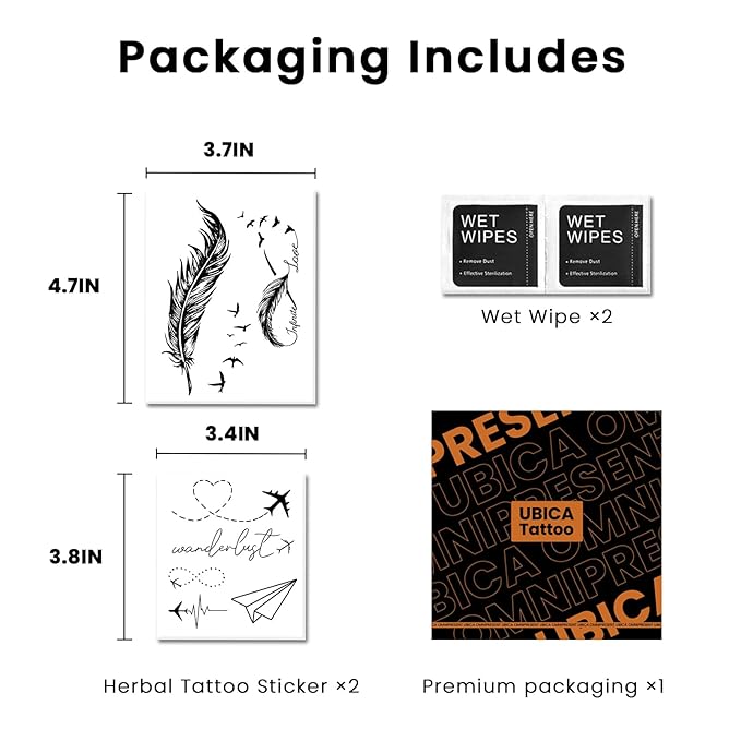2 Sheets Long Lasting Feather Temporary Fake Tattoos For Women Arm Hand Neck,Airplane heart Semi Permanent Tattoo For Adults Girl,Realistic, Waterproof and Non-Reflective,Minimalist Design