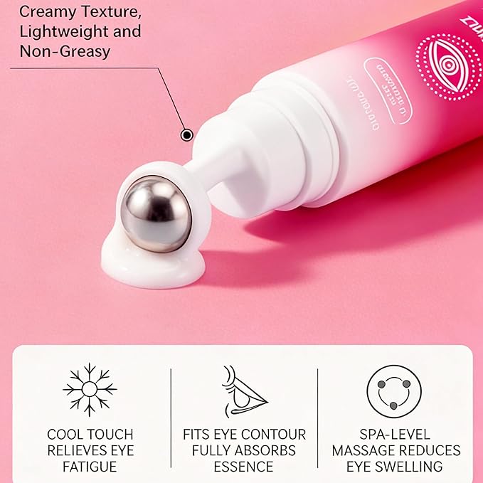 Roll-On Eye Cream with 360° Cooling Roller, Depuffing Gel with Collagen, Hydrating Under Eye Cream Reduce Puffiness, Dark Circle, Fine Lines & Bags, Moisturizing Treatment Serum, 0.5 Oz