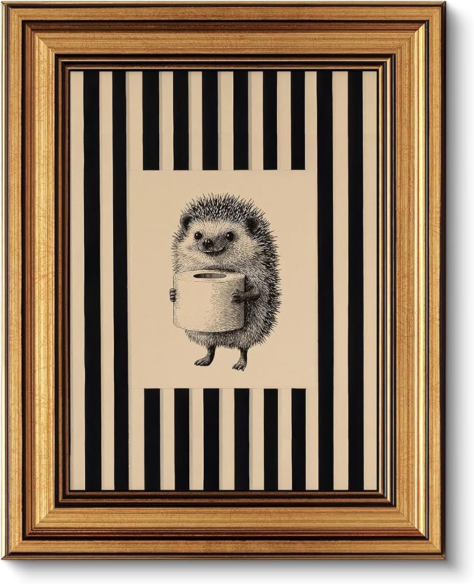 Gold Framed Wall Art, Funny Bathroom Hedgehog Canvas Prints, Vintage Hedgehog Holding Toilet Roll Picture Wall Decor, Striped Cute Animal Artwork for Bathroom Toilet Restroom 9x11 inch