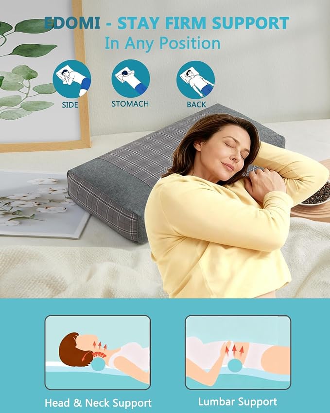 Buckwheat Cube Pillow for Side Sleepers, 19.6"x9.8" Neck Pain Relief Cervical Pillow, Buckwheat Hulls Filling & Customizable Height, Plaid Pillow Covers, Gray,Gray