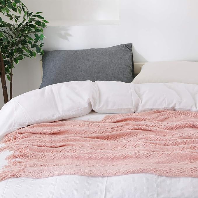 BOURINA Pink Throw Blanket 60x80 Inch Boho Knitted Soft Throw Sofa Blanket | Knitted Throw Blanket 60x80 Inches, Soft Lightweight Boho Weave Throw Decorative Couch Blanket for Living Room Bedroom Chair
