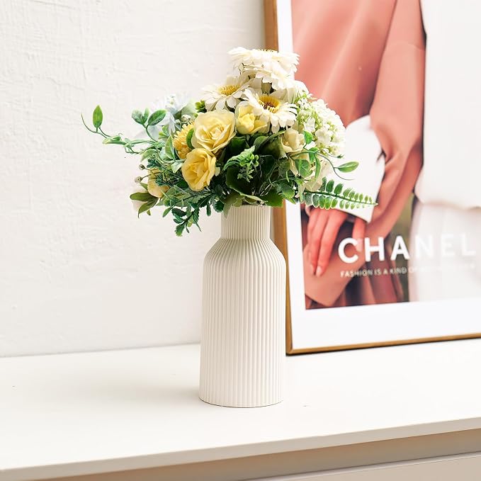 Bohemian White Ceramic Vase - for Pampas Grass, Mantel, Bookshelf, Entryway and Living Room Decor (White, 8in)