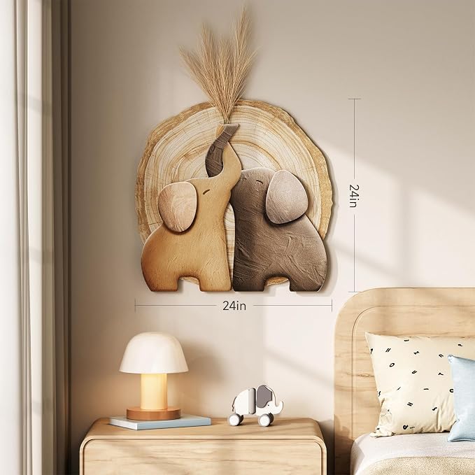 3D Textured Elephant Brown Minimalist Wall Art for Dining Room, 24x24 Inch | With faux greenery, Tree ring texture, Natural, Modern, Animal wall decor, Artwork for walls, for Living room, Hallway