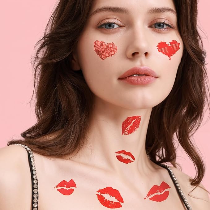 YGDZ Kiss Tattoos Temporary Set, Red Lip Tattoo Stickers & Face Gems for Valentines Makeup, 10 Sheets Lipstick Kiss Temporary Tattoo, Heart Fake Tattoos, Hair Gems, Body, Face Rhinestones for Women