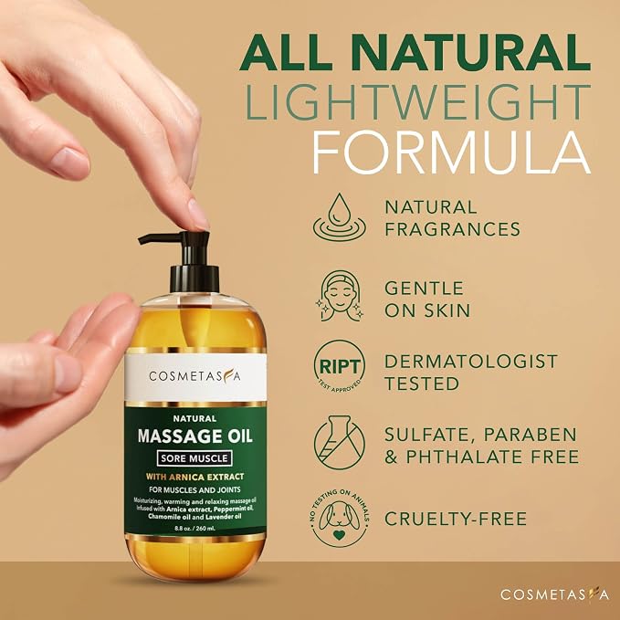 Cosmetasa Sore Muscle Massage Oil - 8.8 oz, Soothes Muscle and Joint with Arnica Extract, Peppermint, Chamomile, and Lavender Oil (8.8 oz, Sore Muscle)