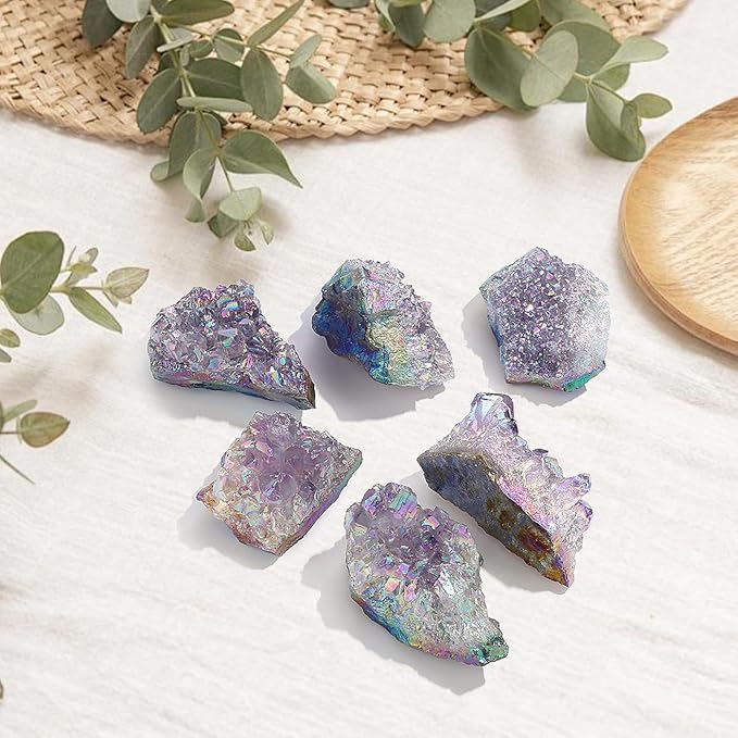 ZHIYUXI Angel Aura Amethyst Crystal Clusters Geode Titanium Bonded Amethyst Crystal Gem Stones Crystals and Stones Natural Rock Raw Stone Energy Balance Reiki Decor 1Pc 50-70g