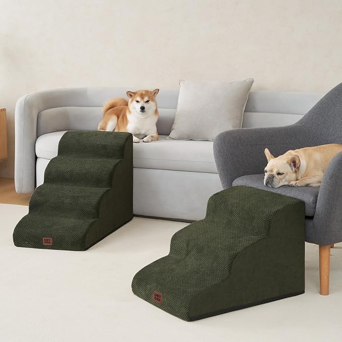 EHEYCIGA Curved Dog Stairs Ramp, 3-Step Dog Steps, 15.7" H Pet Step | 33D density of pure foam, for Small Dogs and Cats, Pet Stairs for High Bed Climbing, Non-Slip Balanced Indoor, Military Green