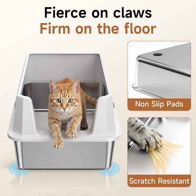 XL Stainless Steel Cat Litter Box with Plastic Enclosure & Scoop | Large Size,High Sided,Easy Clean, Odor Control,Non Stick, Anti-Leak,Open Top