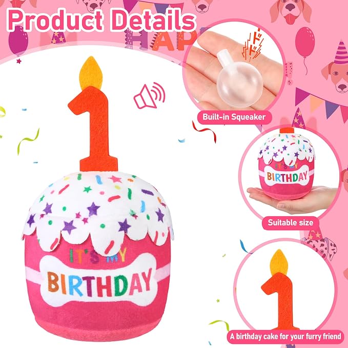 Dansydaisy Dog Birthday Cake Toy Squeaky Plush Gift,1st,Pink