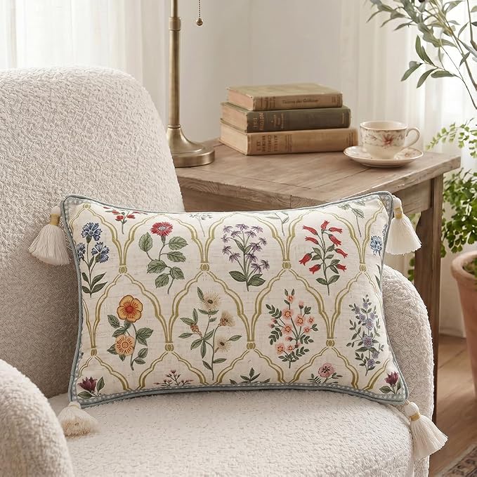 Designer Linen Throw Pillow Cover,Set of 2,20"x12"-Serenity B | French Elegant Rectangle Decor Pillow Cover,Concealed Zipper Design,Colorful Floral Pattern,Sofa,Bedroom,Living Room,Chair