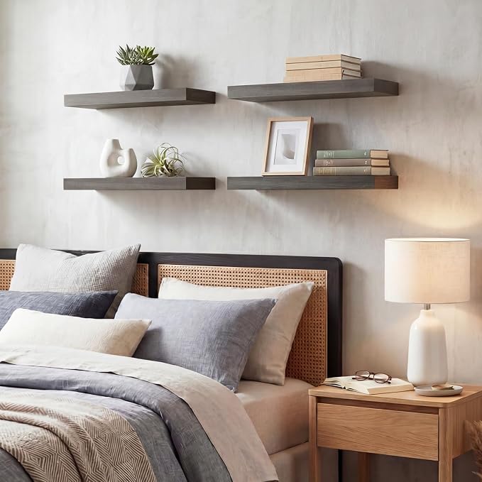 Fixwal Floating Shelves for Wall Decor (Grey, Set of 4, 15.7 Inch) | MDF Shelves with Metal Brackets, Space Saving for Books, Decor, Works in Bathroom, Kitchen, Living Room, Bedroom