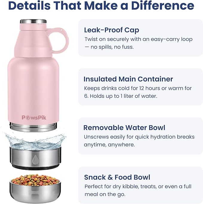 PawsPik 3-in-1 Travel Dog Water Bottle & Bowl Set, 32oz, Pink
