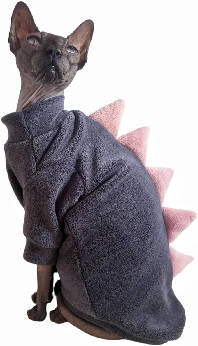 Grey Dinosaur Sphynx Cat Clothes Sweater Hairless Cat Apparel | Soft, Elastic, Warm Polar Fleece,Winter Warm Outfit, Cute Dinosaur