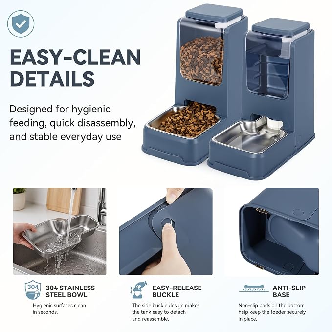 2 Pack Automatic Cat Feeder Stainless Steel Gravity Food and Water Dispenser for Small Medium Kitten Puppy Pets (Blue)