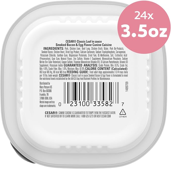 Cesar Classic Loaf in Sauce Wet Dog Food, Bacon & Egg, 3.5 oz, 24 Count | Real pork #1 ingredient, easy peel trays, Made in USA, slow-cooked for tender texture, no fillers or artificial flavors