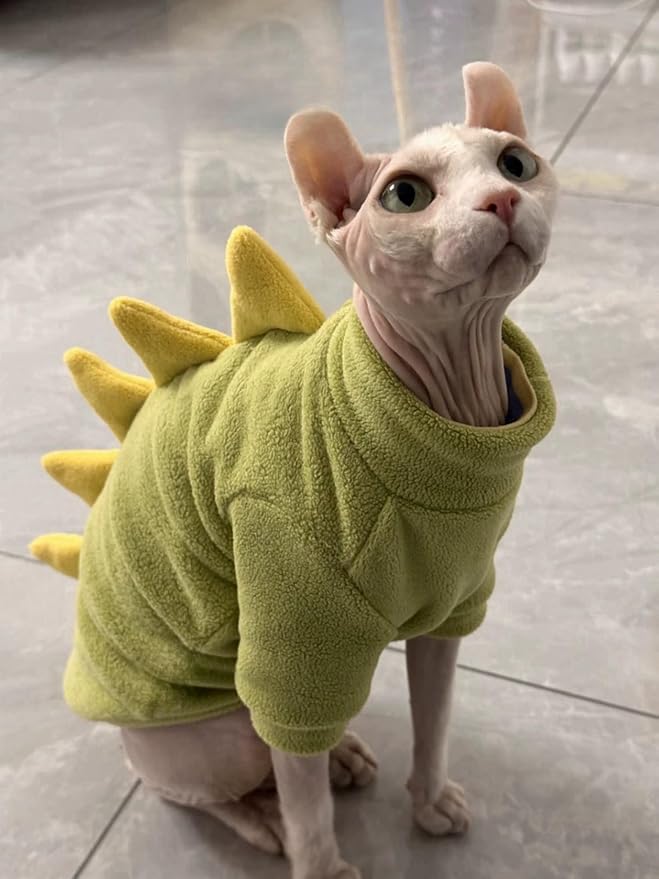 Green Dinosaur Sphynx Cat Clothes Sweater Hairless Cat Apparel | Soft, Elastic, Warm Polar Fleece,Winter Warm Outfit, Cute Dinosaur