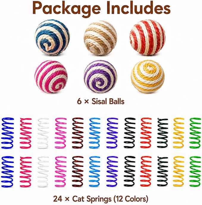 Cat Toys for Indoor Cats, 6 Sisal Balls & 24 Colorful Springs